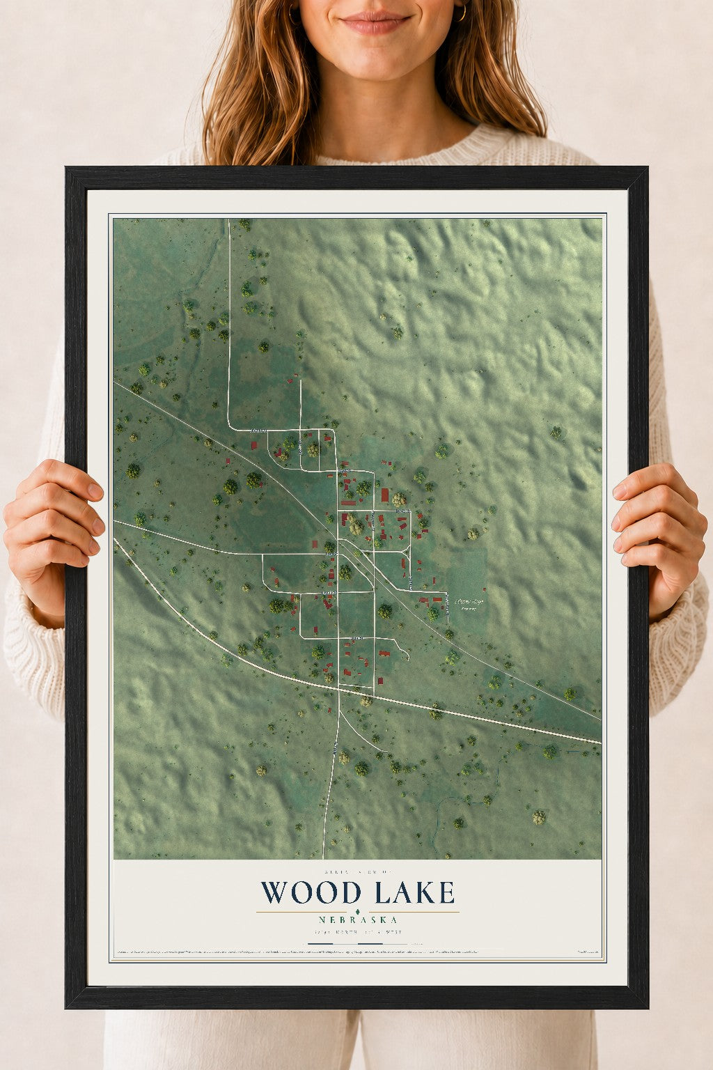 Map of Wood Lake, Nebraska, 18 x 24 inch print in a black wood frame