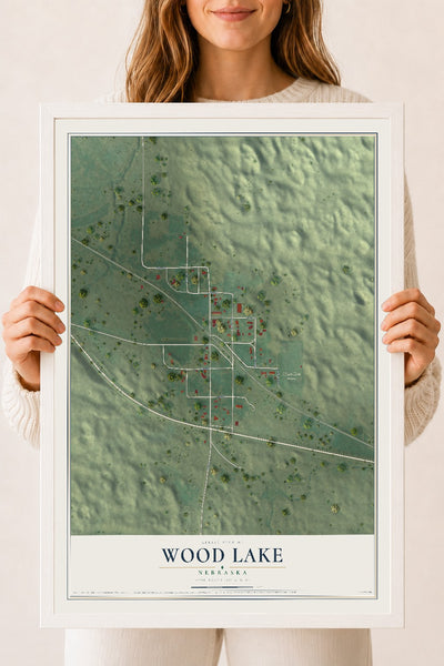 Map of Wood Lake, Nebraska, 18 x 24 inch print in a white wood frame