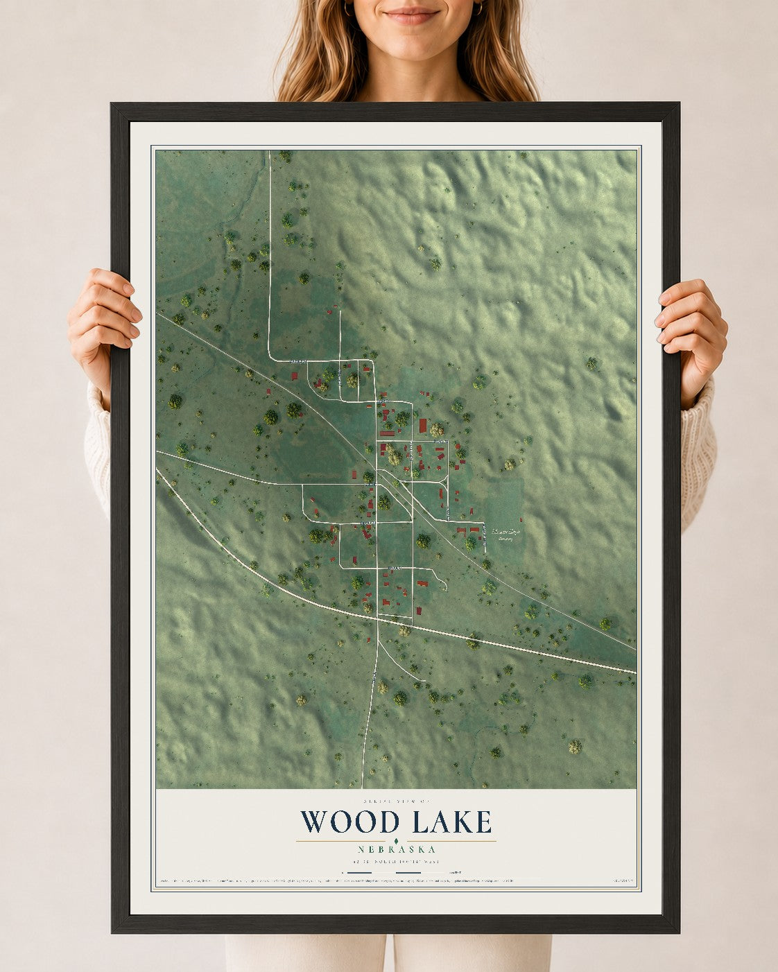 Map of Wood Lake, Nebraska, 24 x 36 inch print in a black wood frame