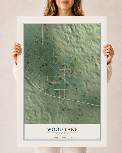 Map of Wood Lake, Nebraska, 24 x 36 inch print in a white wood frame