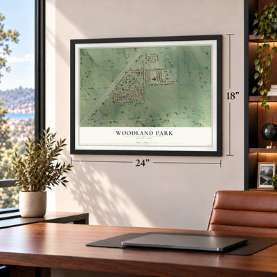 Woodland Park, Nebraska map, 18 x 24 inch print in a black frame in a home office