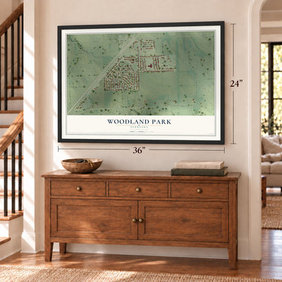 Woodland Park, Nebraska map, 24 x 36 inch print in a black frame above a dresser by a staircase