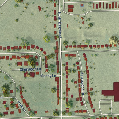Close-up of the map of Woodland Park, Nebraska print showing street and building detail