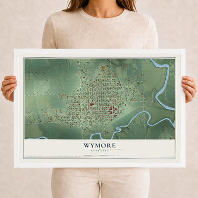 Map of Wymore, Nebraska, 12 x 18 inch print in a white wood frame
