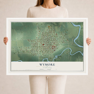 Map of Wymore, Nebraska, 24 x 36 inch print in a white wood frame