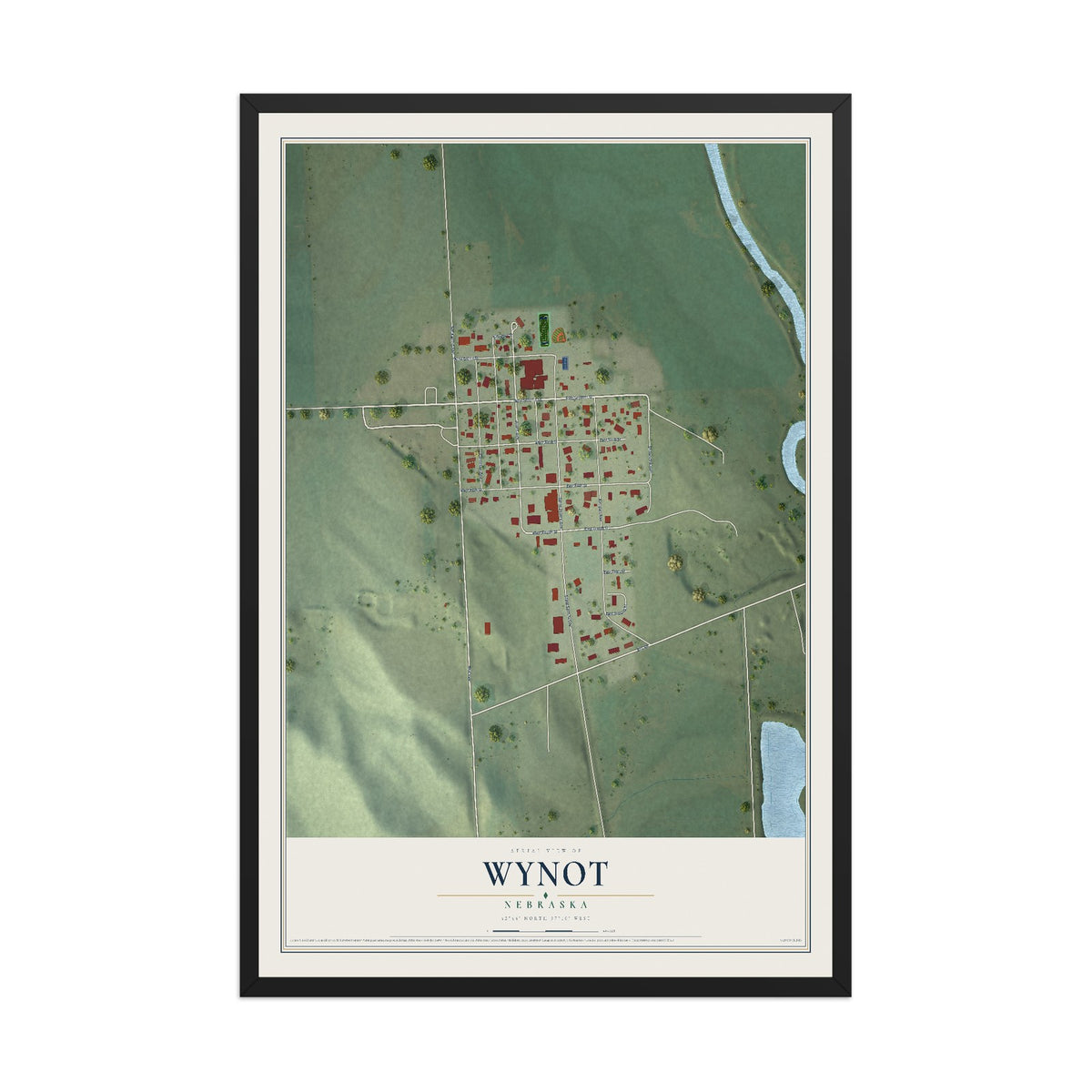 Map of Wynot, Nebraska, 12 x 18 inch print in a black wood frame