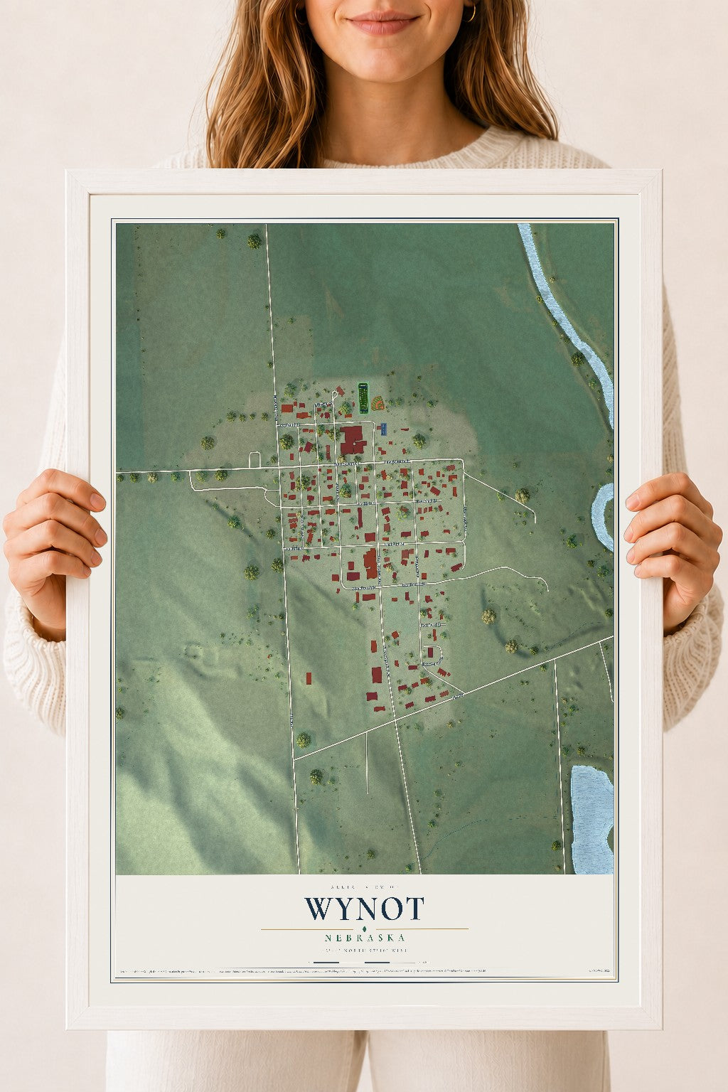 Map of Wynot, Nebraska, 18 x 24 inch print in a white wood frame