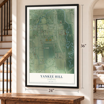 Yankee Hill, Nebraska map, 24 x 36 inch print in a black frame by a staircase
