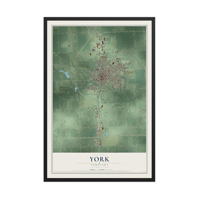 Map of York, Nebraska, 12 x 18 inch print in a black wood frame