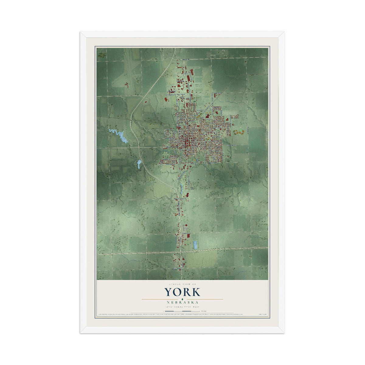 Map of York, Nebraska, 12 x 18 inch print in a white wood frame