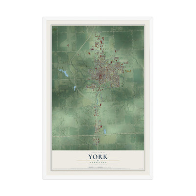 Map of York, Nebraska, 12 x 18 inch print in a white wood frame