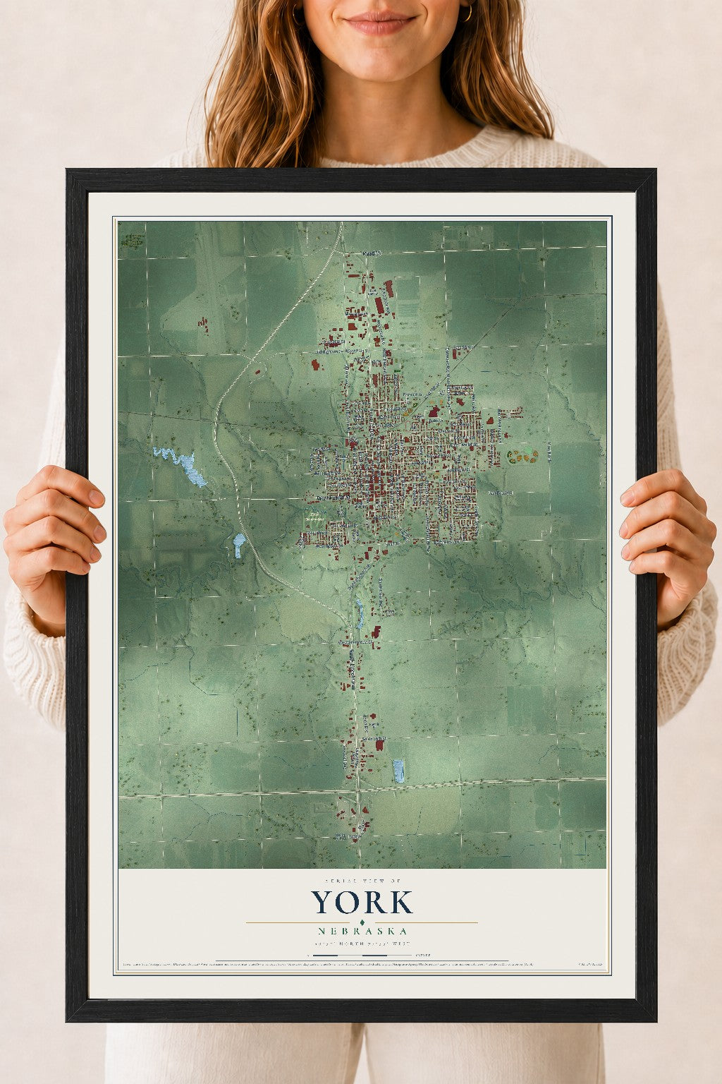 Map of York, Nebraska, 18 x 24 inch print in a black wood frame