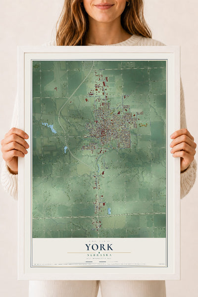 Map of York, Nebraska, 18 x 24 inch print in a white wood frame