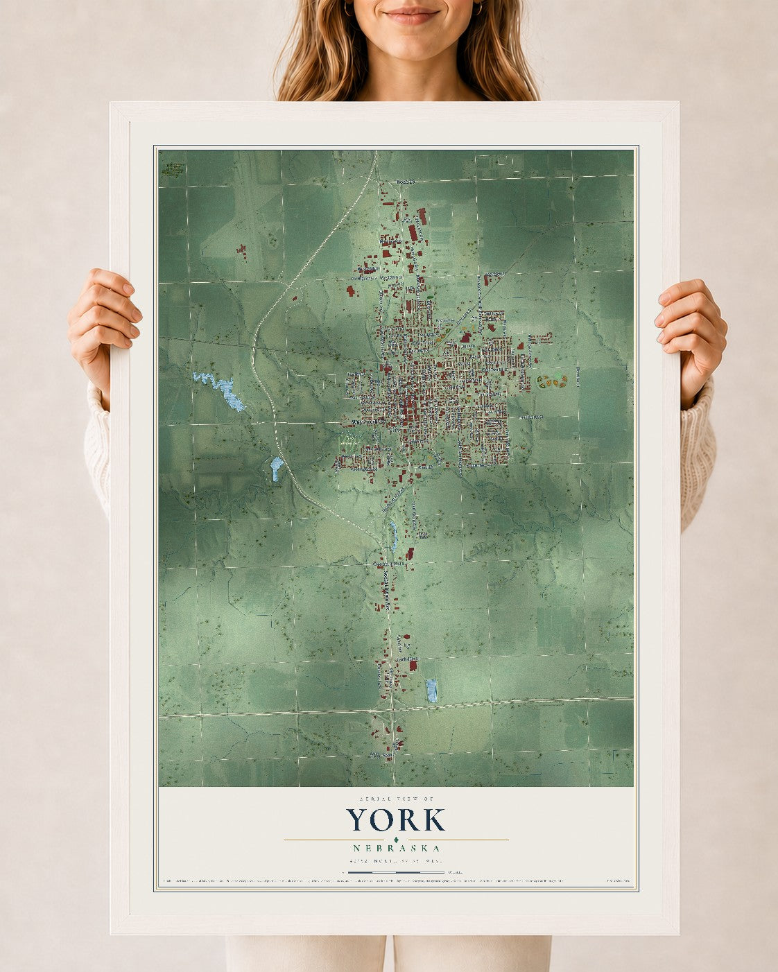 Map of York, Nebraska, 24 x 36 inch print in a white wood frame