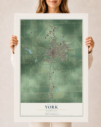 Map of York, Nebraska, 24 x 36 inch print in a white wood frame