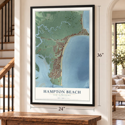 Hampton Beach, New Hampshire map, 24 x 36 inch print in a black frame by a staircase