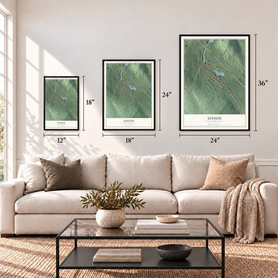 Union, New Hampshire map in 12 x 18, 18 x 24 and 24 x 36 inch sizes above a sofa