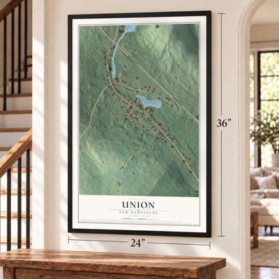 Union, New Hampshire map, 24 x 36 inch print in a black frame by a staircase