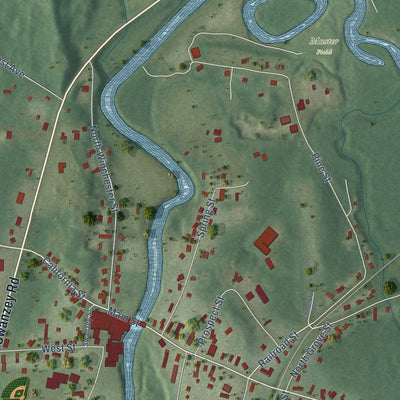 Close-up of the map of West Swanzey, New Hampshire print showing street and building detail