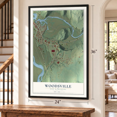 Woodsville, New Hampshire map, 24 x 36 inch print in a black frame by a staircase