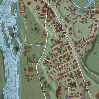 Close-up of the map of Woodsville, New Hampshire print showing street and building detail