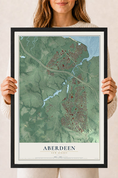 Aberdeen, New Jersey map print, 18" x 24" W/ Black Ayous Wood Frame mockup