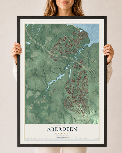 Aberdeen, New Jersey map print, 24" x 36" W/ Black Ayous Wood Frame mockup