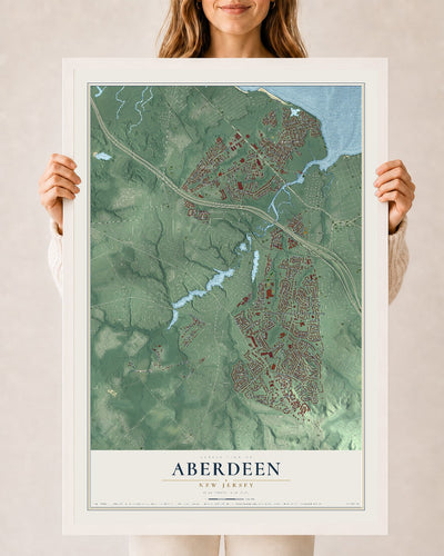 Aberdeen, New Jersey map print, 24" x 36" W/ White Ayous Wood Frame mockup