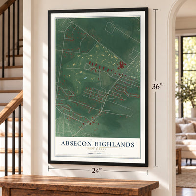 Absecon Highlands, New Jersey map, 24 x 36 inch print in a black frame by a staircase