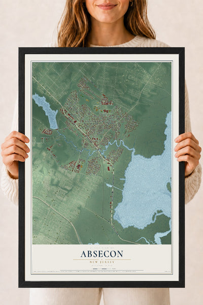 Absecon, New Jersey map print, 18" x 24" W/ Black Ayous Wood Frame mockup
