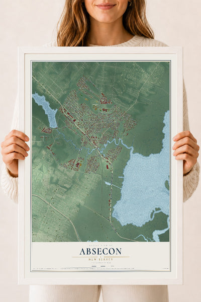 Absecon, New Jersey map print, 18" x 24" W/ White Ayous Wood Frame mockup