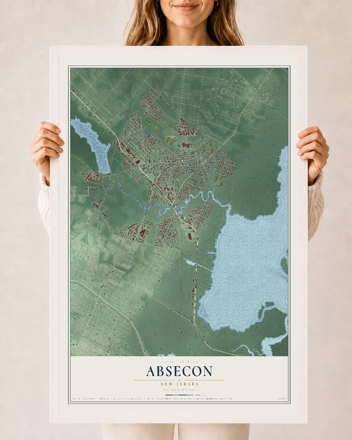 Absecon, New Jersey map print, 24" x 36" W/ White Ayous Wood Frame mockup