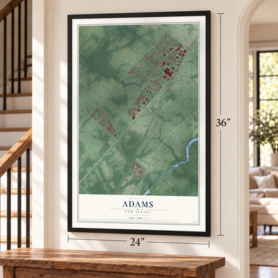 Adams, New Jersey map, 24 x 36 inch print in a black frame by a staircase