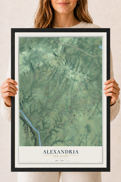 Alexandria, New Jersey map print, 18" x 24" W/ Black Ayous Wood Frame mockup