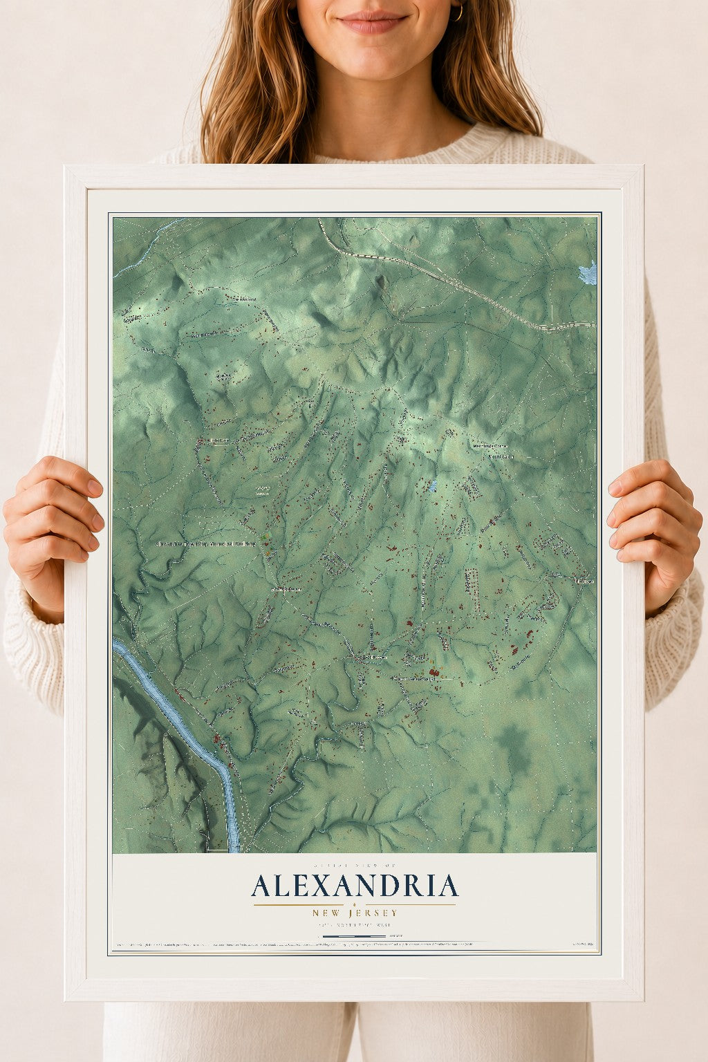 Alexandria, New Jersey map print, 18" x 24" W/ White Ayous Wood Frame mockup