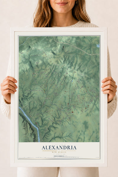 Alexandria, New Jersey map print, 18" x 24" W/ White Ayous Wood Frame mockup