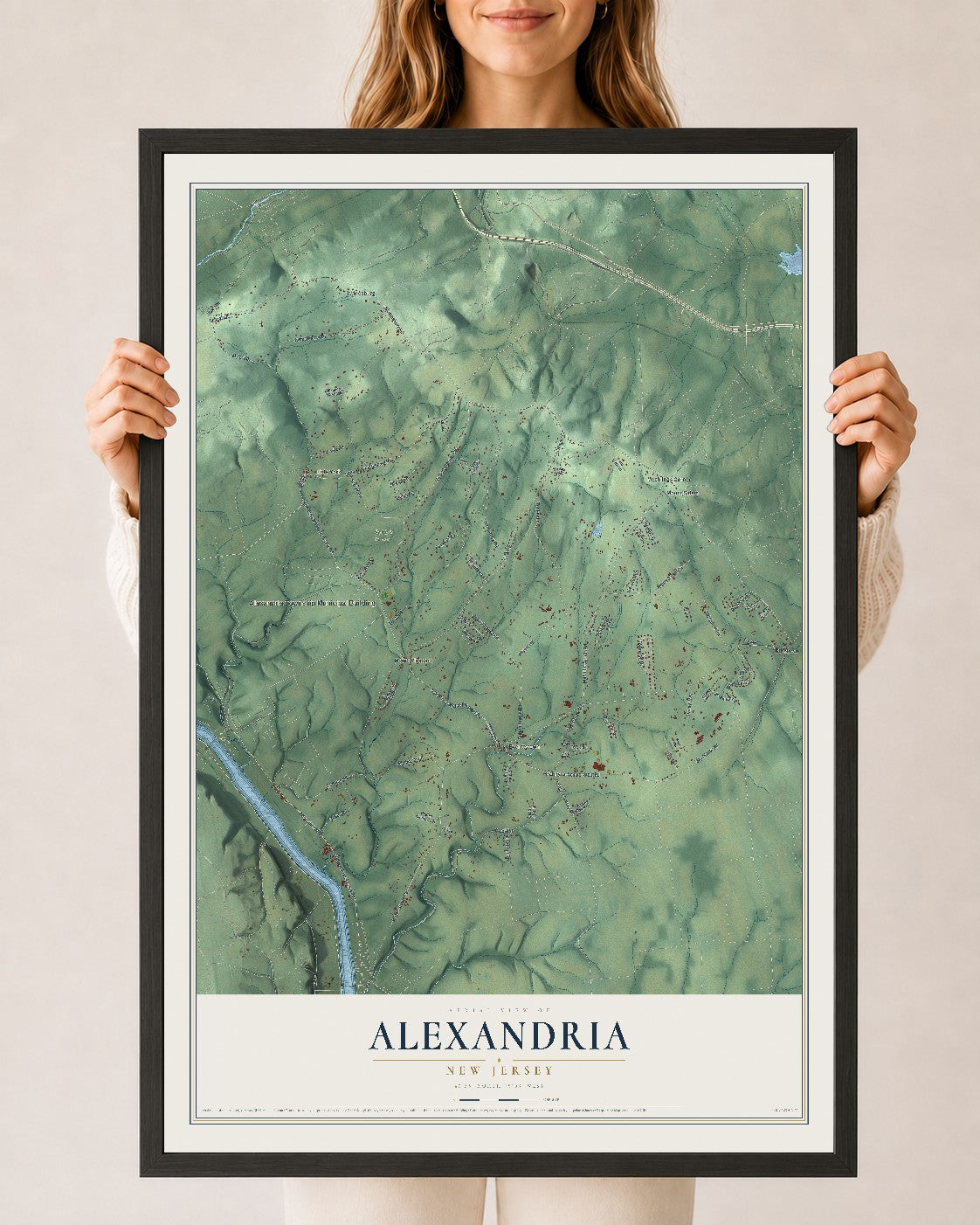Alexandria, New Jersey map print, 24" x 36" W/ Black Ayous Wood Frame mockup