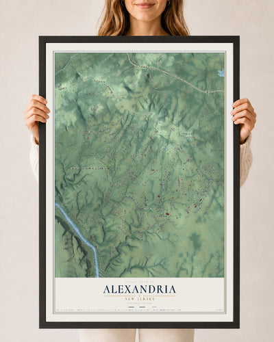 Alexandria, New Jersey map print, 24" x 36" W/ Black Ayous Wood Frame mockup