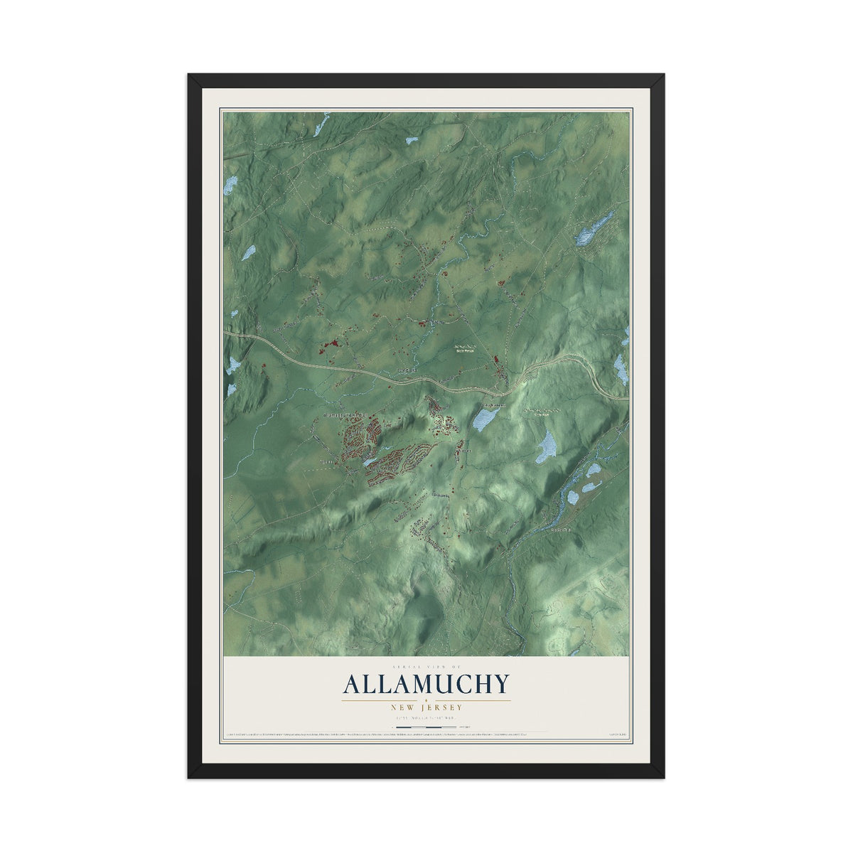Allamuchy, New Jersey map print, 12" x 18" W/ Black Ayous Wood Frame mockup