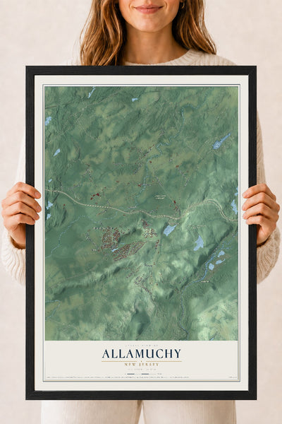 Allamuchy, New Jersey map print, 18" x 24" W/ Black Ayous Wood Frame mockup