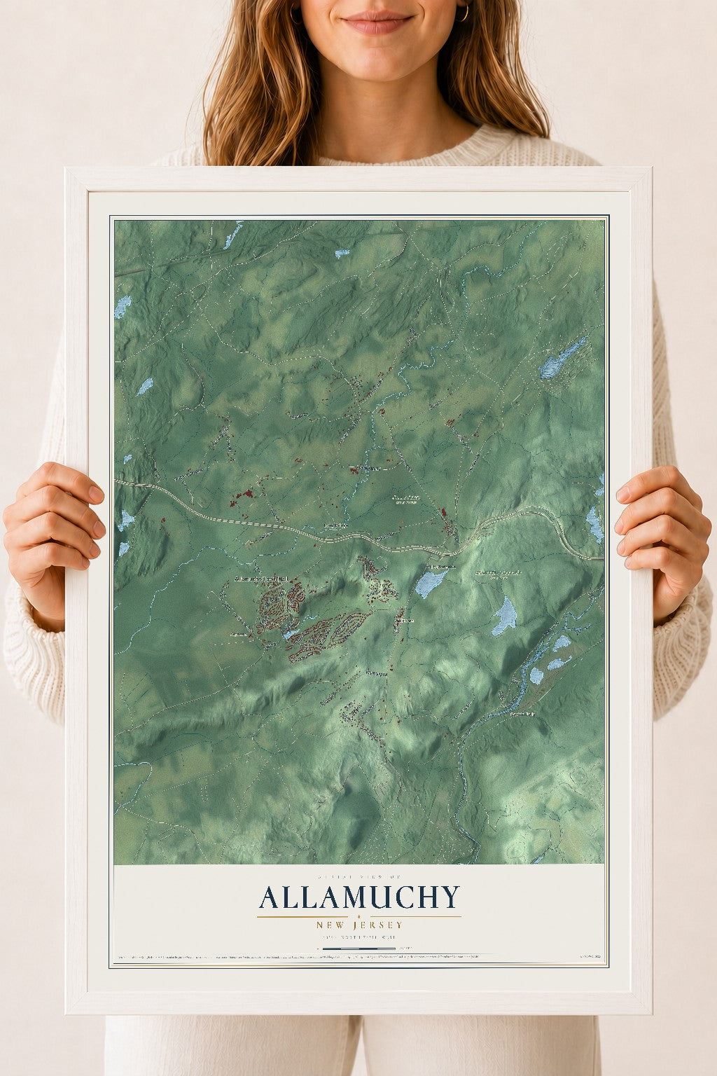 Allamuchy, New Jersey map print, 18" x 24" W/ White Ayous Wood Frame mockup