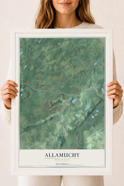 Allamuchy, New Jersey map print, 18" x 24" W/ White Ayous Wood Frame mockup