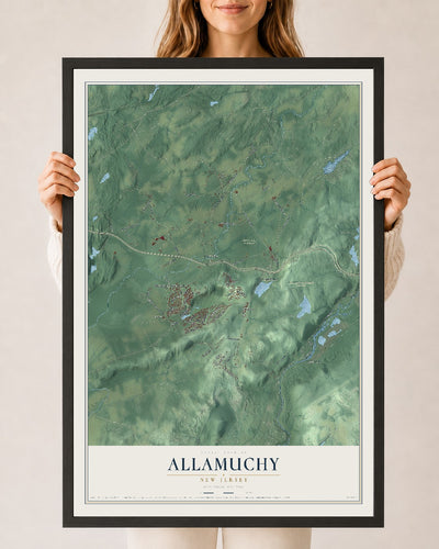 Allamuchy, New Jersey map print, 24" x 36" W/ Black Ayous Wood Frame mockup