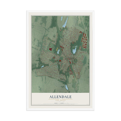 Allendale, New Jersey map print, 12" x 18" W/ White Ayous Wood Frame mockup