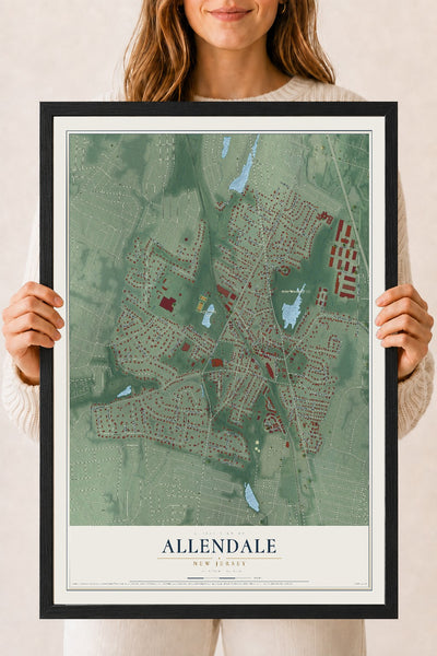 Allendale, New Jersey map print, 18" x 24" W/ Black Ayous Wood Frame mockup