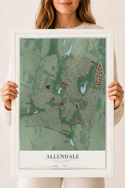 Allendale, New Jersey map print, 18" x 24" W/ White Ayous Wood Frame mockup