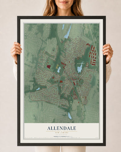 Allendale, New Jersey map print, 24" x 36" W/ Black Ayous Wood Frame mockup