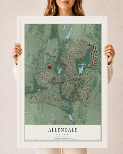 Allendale, New Jersey map print, 24" x 36" W/ White Ayous Wood Frame mockup