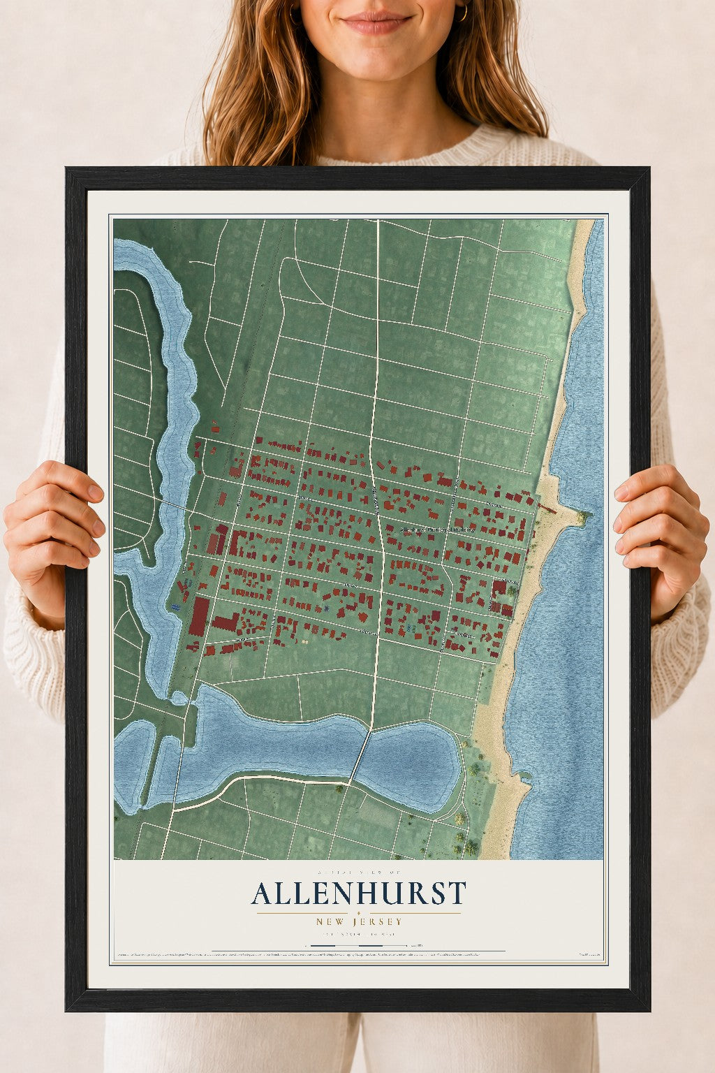 Allenhurst, New Jersey map print, 18" x 24" W/ Black Ayous Wood Frame mockup