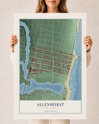 Allenhurst, New Jersey map print, 24" x 36" W/ White Ayous Wood Frame mockup
